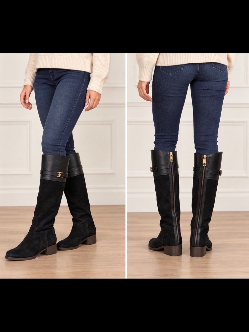 Black Knee-High Suede & Leather Zip Riding Boots size